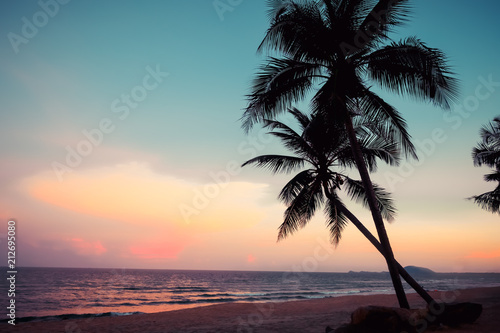 Fototapeta Naklejka Na Ścianę i Meble -  Silhouette of tropical beach during sunset twilight. seascape of summer beach and palm tree at sunset. vintage color tone