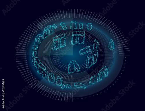 Stonehenge low poly geometric banner. Summer solstice historical calculations analysis polygonal science technology. Wireframe blue architecture stone travel tourism England UK vector illustration