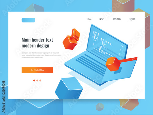 Software development, programming, laptop with code and screen, program refactor isometric vector
