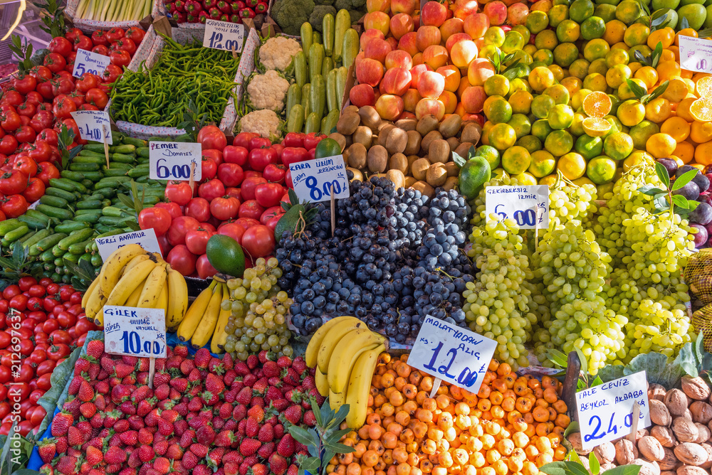 Piles of fruits and vegetables for sale at a market in Istanbul, Turkey