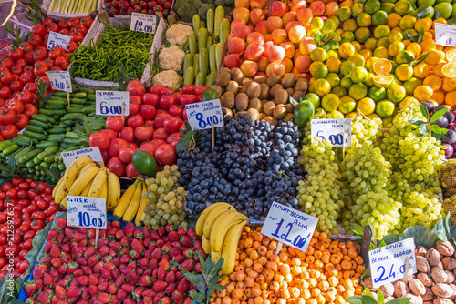 Piles of fruits and vegetables for sale at a market in Istanbul, Turkey