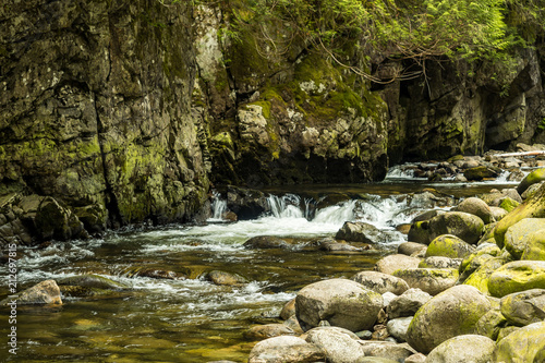 clear water running through rocky creek under the canyon