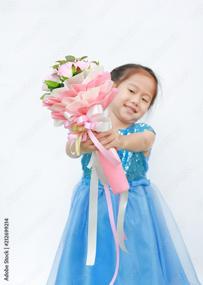 Little Asian child girl with Bouquet of roses for Valentine festival isolated on white background. Focus at rose flower. Little Asian child girl with Bouquet of roses for Valentine festival isolated on white background. Focus at rose flower.