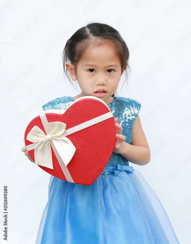 Little Asian child girl with red heart gift box isolated on white background. Concept Valentine's Day. Little Asian child girl with red heart gift box isolated on white background. Concept Valentine's Day.