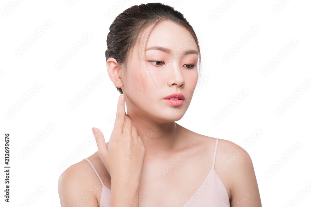 Healthy skin concept. Portrait of beautiful woman model touching her face Healthy skin concept. Portrait of beautiful woman model touching her face