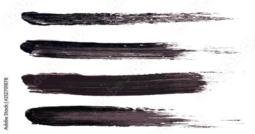 Vector make-up cosmetic mascara brush stroke texture design isolated on white. Realistic mascara smear set template. Mascara eyelashes brush stroke makeup. Black hand drawn lash scribble swatch