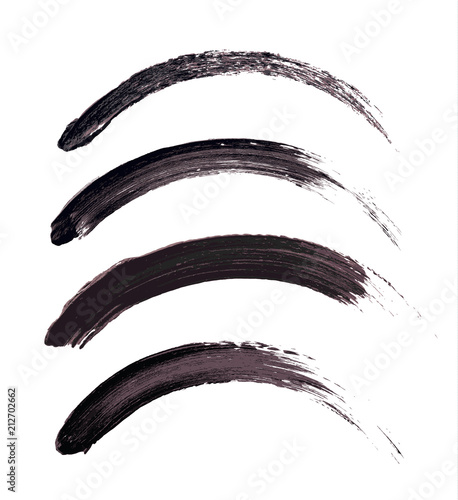 Vector make-up cosmetic mascara brush stroke texture design isolated on white. Realistic mascara smear set template. Mascara eyelashes brush stroke makeup. Black hand drawn lash scribble swatch