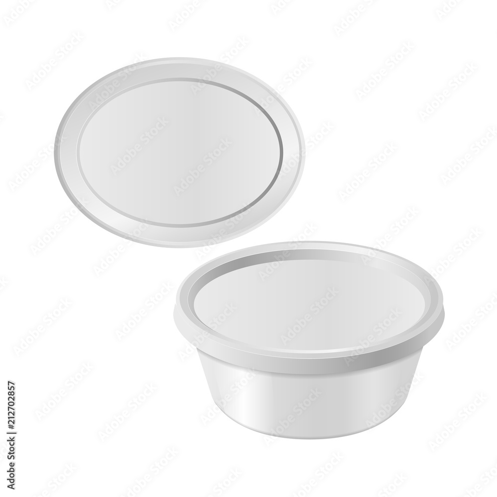 Oval white plastic box for your design and logo. Mock up for cheese, cream cheese, butter, etc. Side view, top view, vector template Oval white plastic box for your design and logo. Mock up for cheese, cream cheese, butter, etc. Side view, top view, vector template