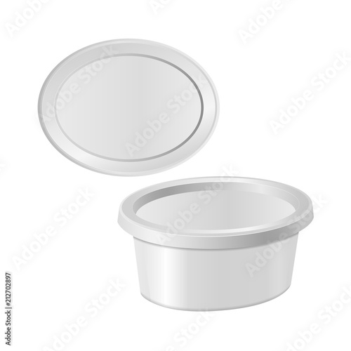 White plastic box for your design and logo. Mock up for cheese, cream cheese, butter, etc. Side view, top view, vector template