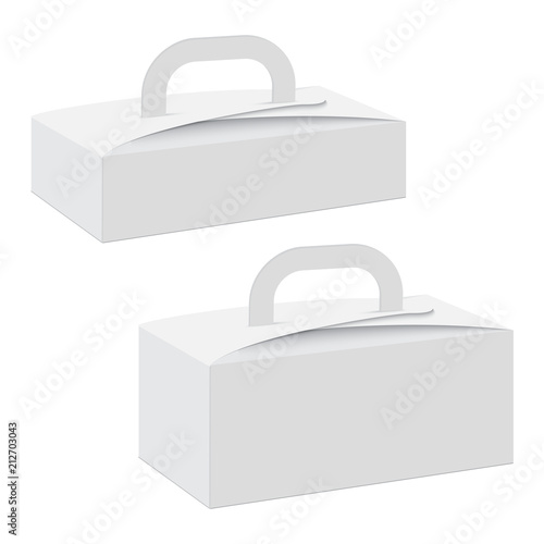 Blank of cardboard gift box with handle. Vector.