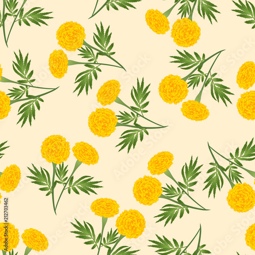 Fototapeta Naklejka Na Ścianę i Meble -  Yellow Marigold Seamless on Beige Ivory Background