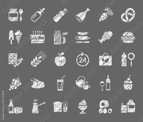 Food, white icons, grocery store, pencil shading, vector. Food and drinks, production and sale. White, shaded icons on a gray field. Simulation of shading. Vector clip art. 
