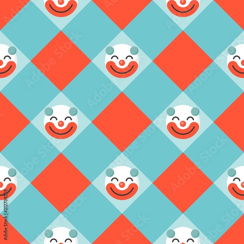 Clown seamless pattern on checkered background for use as wrapping paper or background of circus theme