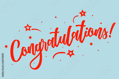 Congratulations, Congrats card. Beautiful greeting scratched calligraphy red text word stars. Hand drawn invitation design. Handwritten modern brush lettering blue background vector