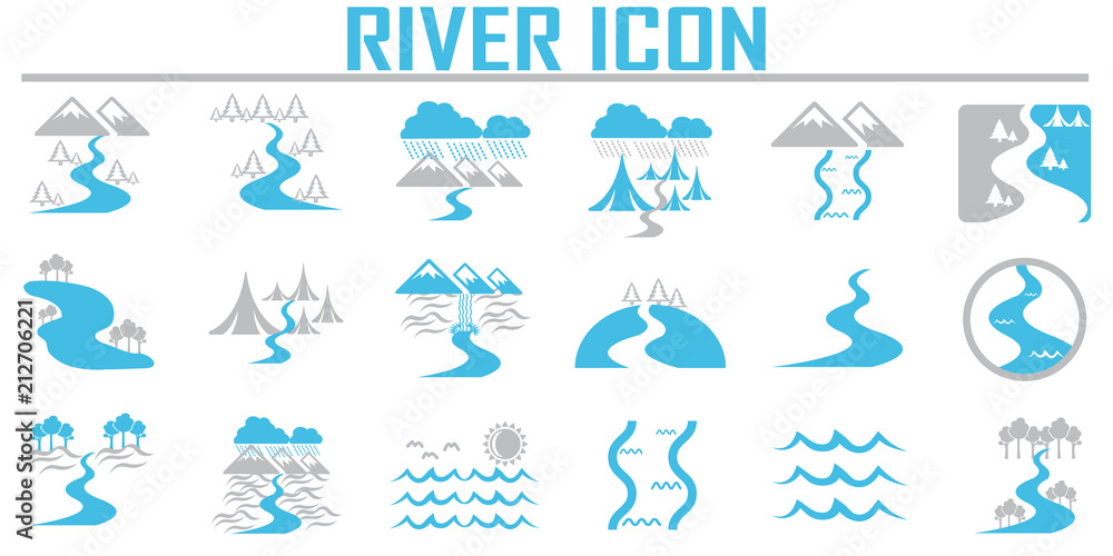 River  and Landscape icons. - obrazy, fototapety, plakaty 