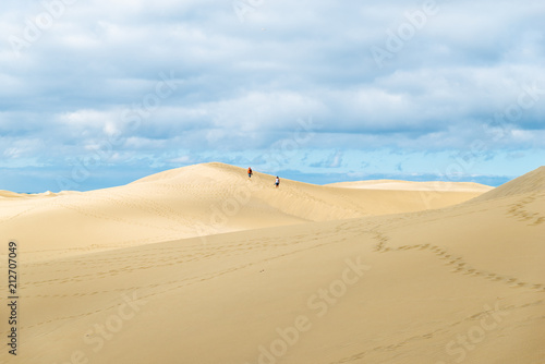 View of Dunes in Maspalomas  Canarias islands  Spain. Yellow and golden sand from Sahara desert and distance view of blue Atlantic ocean and beach.