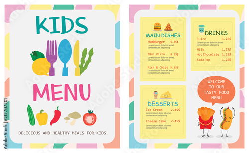 Cute colorful kids meal menu vector template