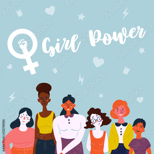 Girl power lettering text and female symbol. Diverse international and interracial group of standing women. For girls power concept, feminine and feminism ideas, woman empower and role card design