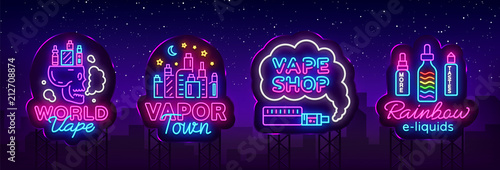 Vape shop neon sign collection vector. Vaping Store Logos set Emblem Neon, Its Vape Shop Concept Vapor Town, Rainbow E-liquids. Trendy designer elements for advertising. Vector Billboards