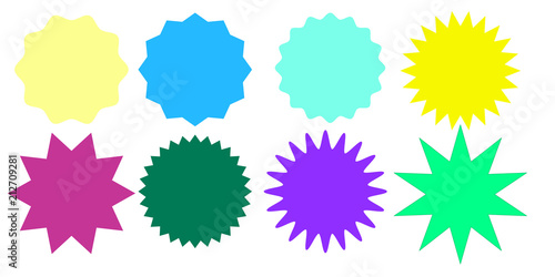 Set of multicolor starburst stamps on white background. Badges and labels various shapes. Vector illustration