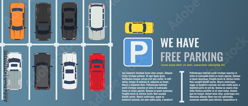 City parking lot with a group of different cars top view. Public car-park. Vector Flat illustration for web or poster banner.