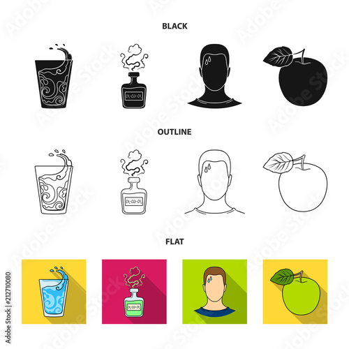 A glass of water, a bottle of alcohol, a sweating man, an apple. Diabeth set collection icons in black,flat,outline style vector symbol stock illustration web.