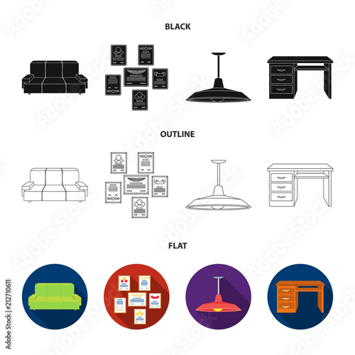 Comfortable sofa, letters and diplomas within the framework, an office ceiling lamp, a desk with drawers. Office Furniture set collection icons in black,flat,outline style vector symbol stock