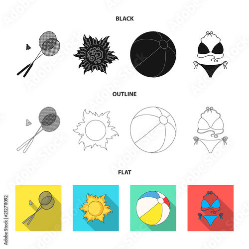 A game of badminton, a ball and the sun.Summer vacation set collection icons in black,flat,outline style vector symbol stock illustration web.