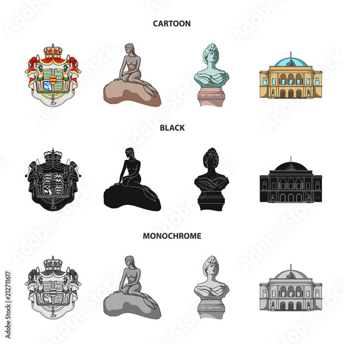 National, symbol, drawing, and other web icon in cartoon,black,monochrome style. Denmark, attributes, style, icons in set collection.