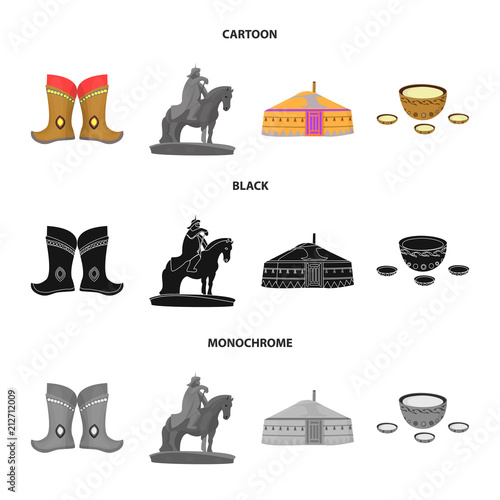Military boots, a monument to the rider, a national tent, a milk drink. Mongolia set collection icons in cartoon,black,monochrome style vector symbol stock illustration web.