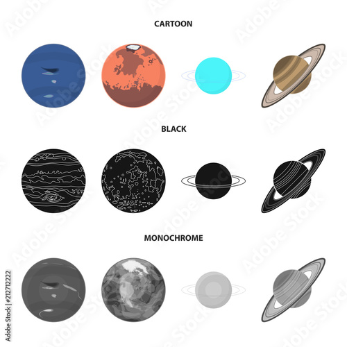 Neptune, Mars, Saturn, Uranus of the Solar System. Planets set collection icons in cartoon,black,monochrome style vector symbol stock illustration web.