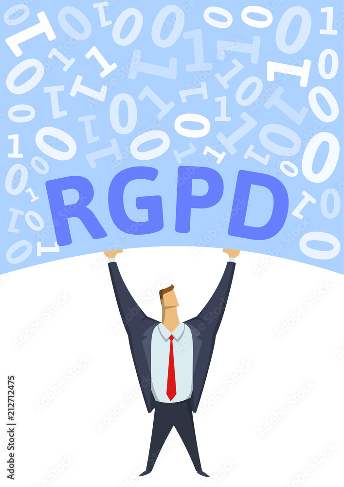 GDPR, General Data Protection Regulation. Strong man holding bulk of digital data above his head on white background. Flat vector illustration. Vertical.