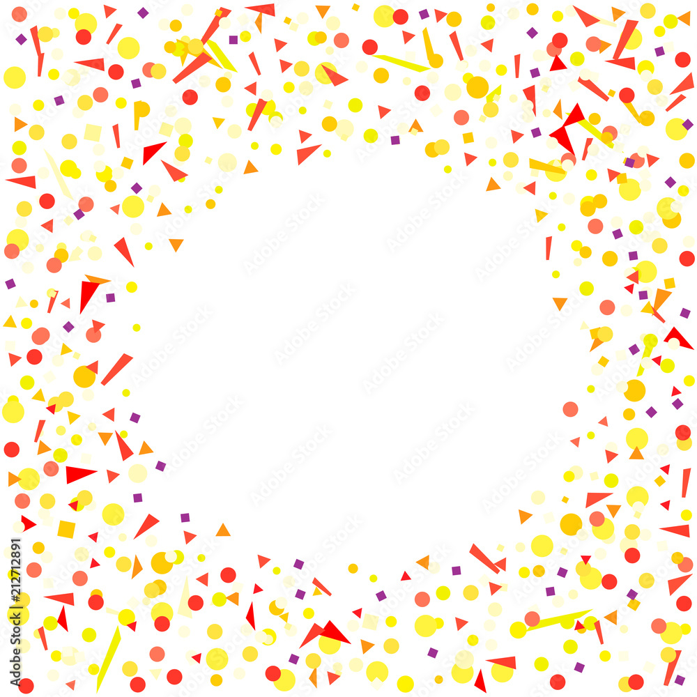 Frame with confetti on white. Geometrical background with multicolored glitters. Pattern for design. Print for polygraphy, posters, banners and textiles. Greeting cards. Luxury texture