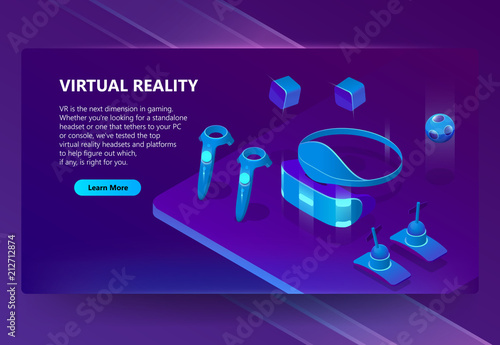 VR, augmented reality vector isometric concept background. Gadgets for cyberspace and gaming, headset and glasses, manipulators. Futuristic web banner for site with button and space for text