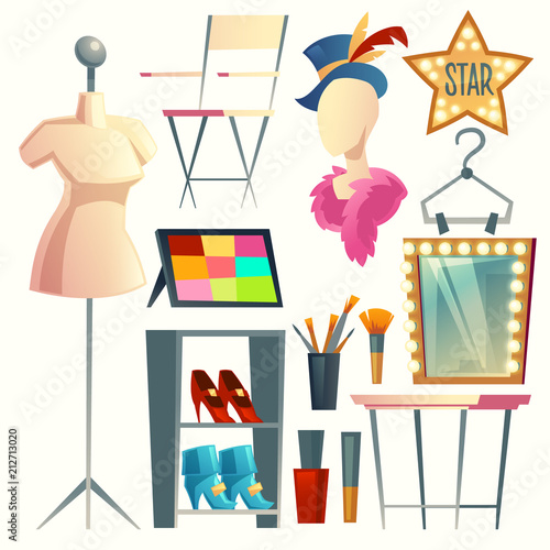 Vector cartoon actress, actor s dressing room. Collection with furniture, clothing and hanger with costumes. Table with light bulbs and mirror. Makeup and brush for theatrical performance.