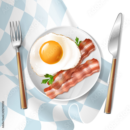 Vector 3d realistic illustration of fried eggs with roasted bacon strips and green parsley, isolated on background. Fresh morning breakfast on white plate, light meal, natural healthy food