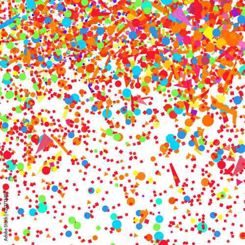 Bright explosion. Multicolored pattern with random falling colored confetti on white background. Texture with glitters for design. Greeting cards. Print for polygraphy, posters, banners and textiles