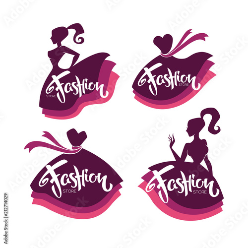 vector collection of fashion boutique and store logo, label, emblems with lady silhouettes, bright  dresses and lettering composition
