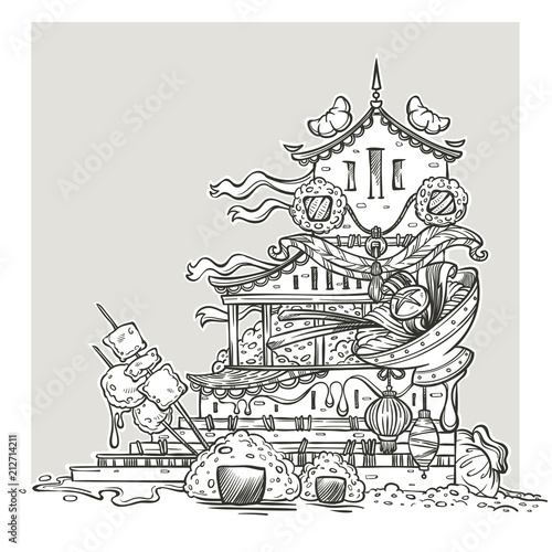 asian food temple line art fantasy image for your colorong book