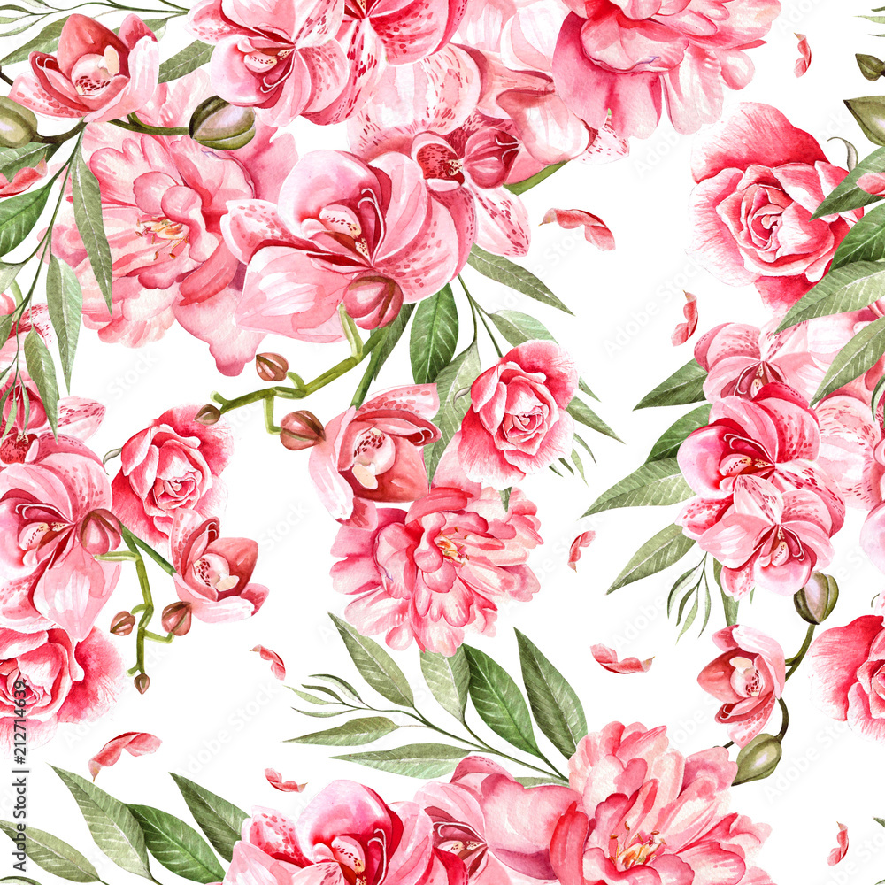 Beautiful watercolor pattern with orchid and peony flowers.