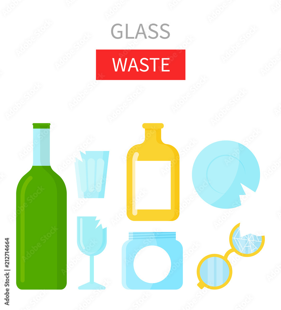 Glass waste vector illustration. Home stuff - wine bottle, plate, wineglass, jar, glasses. Recycling ecology problem isolate on white background objects collection. Glass waste vector illustration. Home stuff - wine bottle, plate, wineglass, jar, glasses. Recycling ecology problem isolate on white background objects collection.