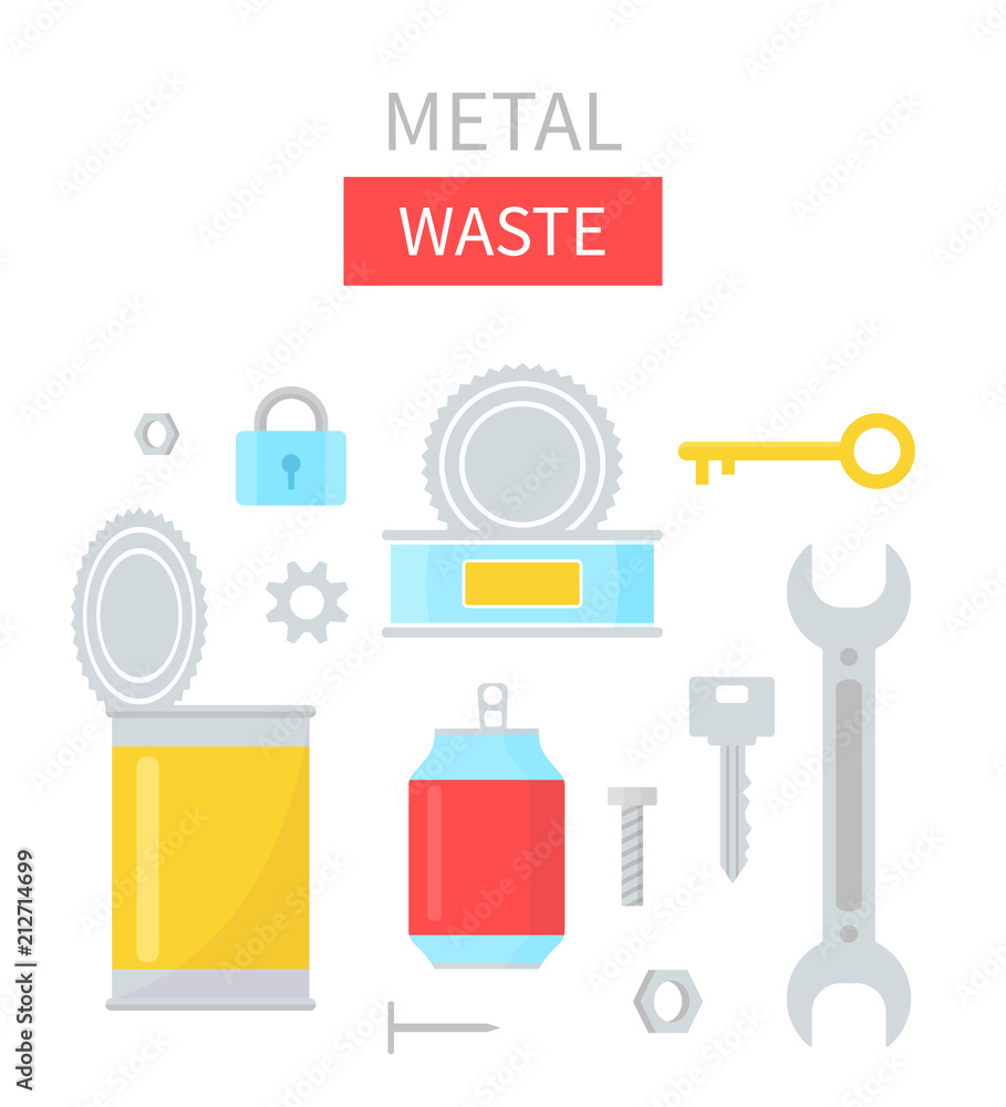 Metal waste vector illustration. Home stuff - canned goods, tins, keys, soda can, tools, nut, nail, screw, wrench, lock. Recycling ecology problem isolate on white background objects collection. 