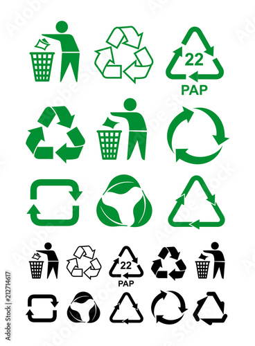 Set of universal recycling green and black symbol. International symbol used on packaging to remind dispose of it in a bin instead of littering. Vector illustration. Isolated on white background