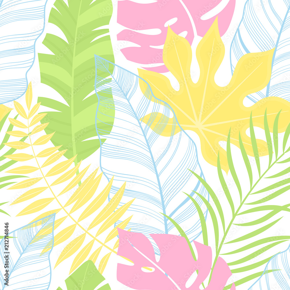 Tropical seamless pattern. Summer colorful background. Jungle birds, leaves, fruits. Vector illustration.