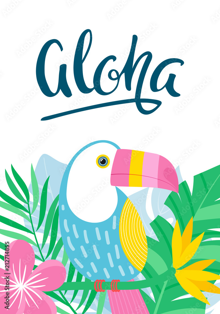 Tropical card with jungle leaves and toucan. Aloha lettering. Vector illustration. Tropical card with jungle leaves and toucan. Aloha lettering. Vector illustration.