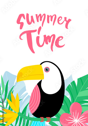 Tropical card with jungle leaves and toucan. Summer time lettering. Vector illustration