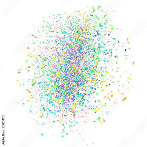 Multicolored pattern with random falling colored confetti on white background. Texture with glitters for design. Greeting cards. Explosion. Bright firework. Print for polygraphy and posters