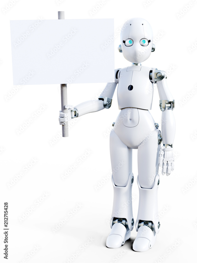 3D rendering of a white cartoon robot holding blank sign. 3D rendering of a white cartoon robot holding blank sign.