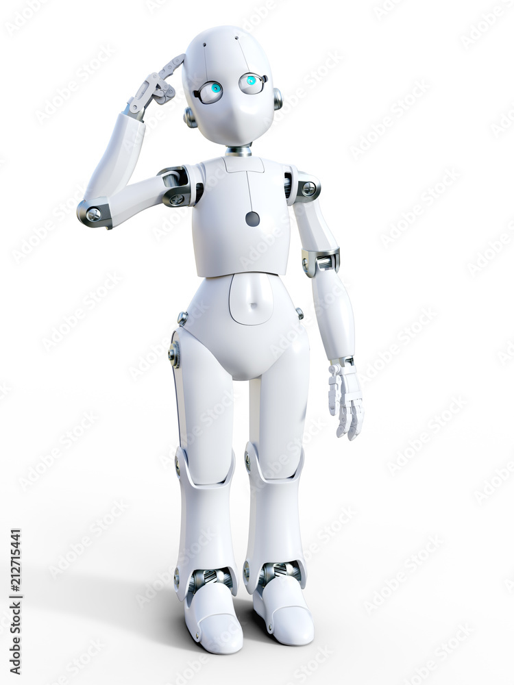 3D rendering of a white cartoon robot thinking about something. 3D rendering of a white cartoon robot thinking about something.