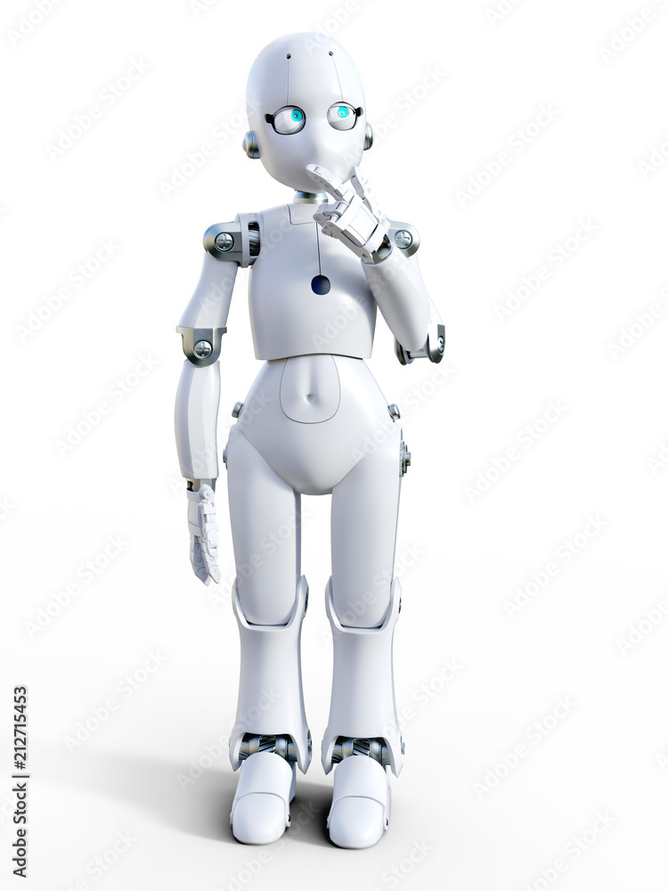3D rendering of a white cartoon robot thinking about something. 3D rendering of a white cartoon robot thinking about something.